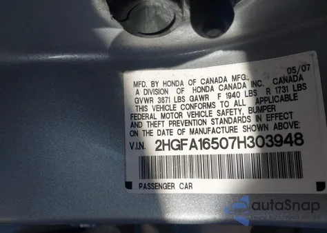 2007 Honda Civic Lx из США, поврежденный, VIN 2HGFA16507H303948